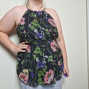 Express Sleeveless Black & Pink Floral Halter High Neck Waist Defined Top Large